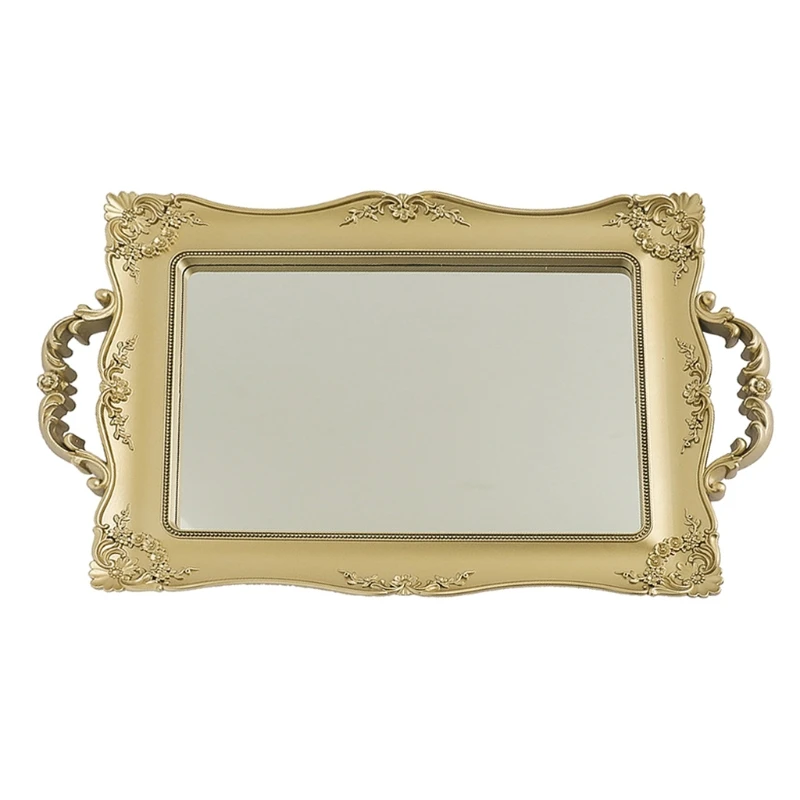 

Vintage Glass Mirror Decorative Tray Base Bedroom Desktop Delicate Jewelry Cosmetic Storage Plate with Handle Dropshipping