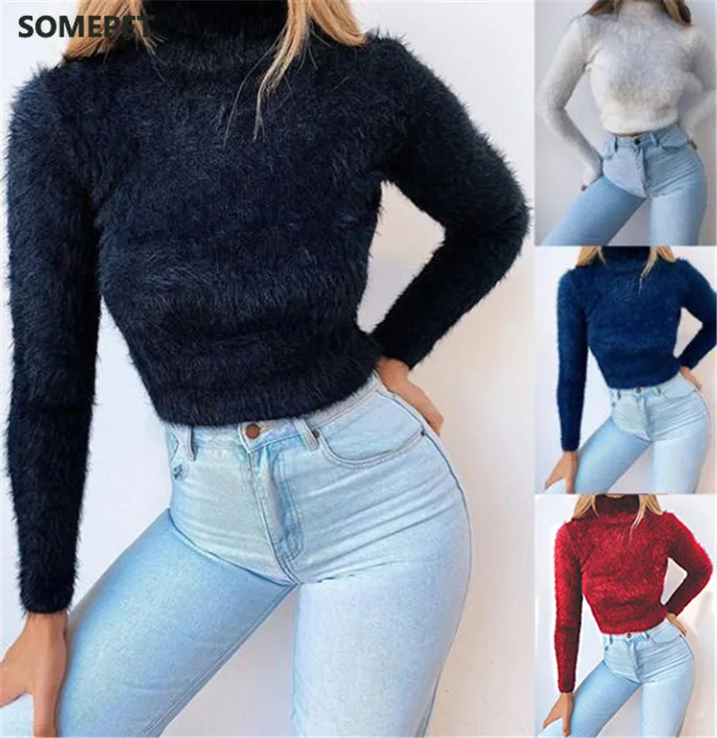 

Autumn Turtleneck Long Sleeve Sweater Women Plush Warm Crop Tops Pullover Winter White Woman Sweaters Pull Femme Thick