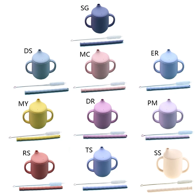 

K3NE 3 Pcs/Set Baby Food Grade Silicone Feeding Sippy Cup Double Handle Drinking Straw Cups Toddler Infants Learning Drinkware