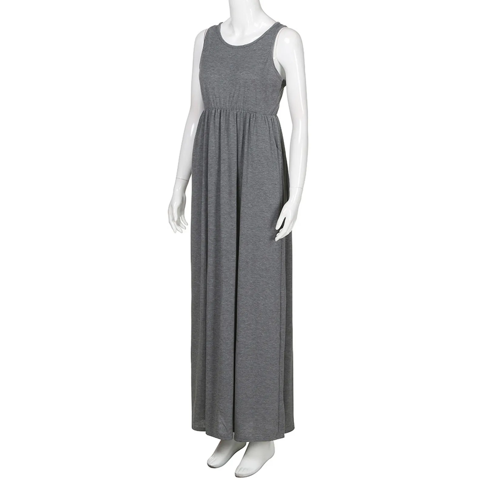 

Summer Women Maxi Dress Fashion Solid Color Sleeveless Stitching With Pockets Loose Tank Dress Ladeis High Waist Long Dresses#35