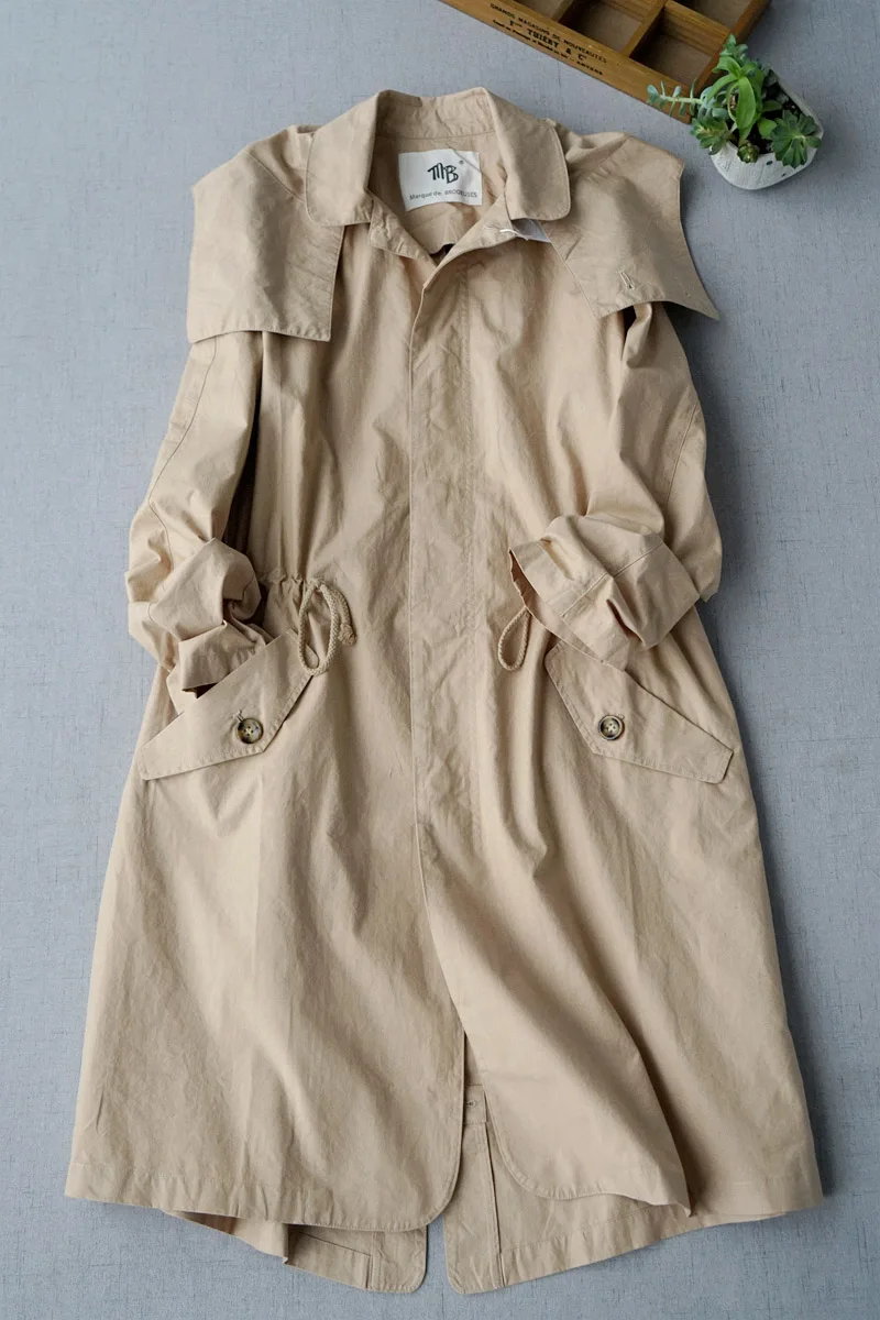 

Spring Autumn New Arrival Women Loose Plus Size Japanese Style Hooded Elasitc Waist High Density Cotton Trench Coats 3 Colors