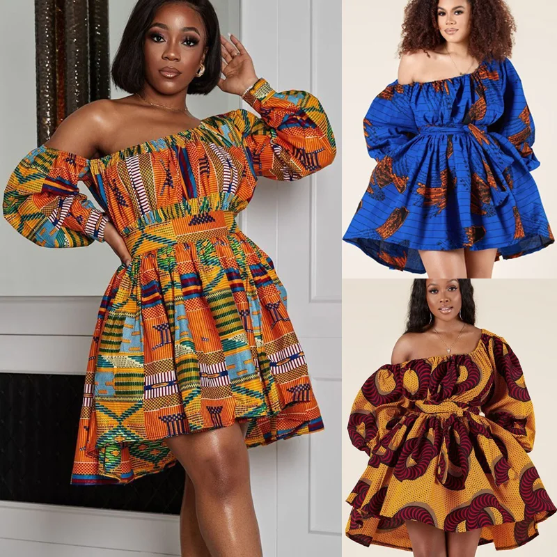 

African Dresses for Women 2021 New Fashion Summer V-Neck Retro Dashiki Print Dresses Shoulder Off Evening Party African Clothes