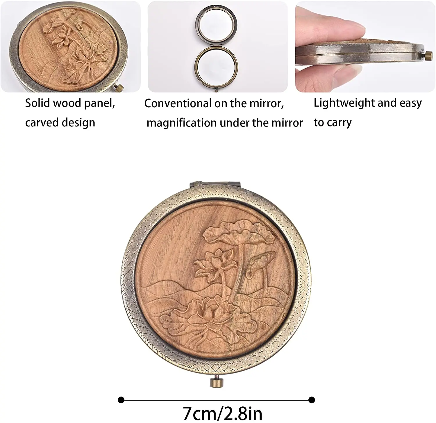 Косметическое зеркало с деревянной резьбой портативное косметическое