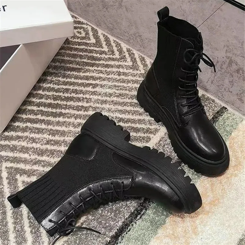 

Dilalula Winter Punk Female Motorcycle Boots Ladies Leisure Martins Shoes Woman 2021 Med Heels Real Leather Knitting Boots Women