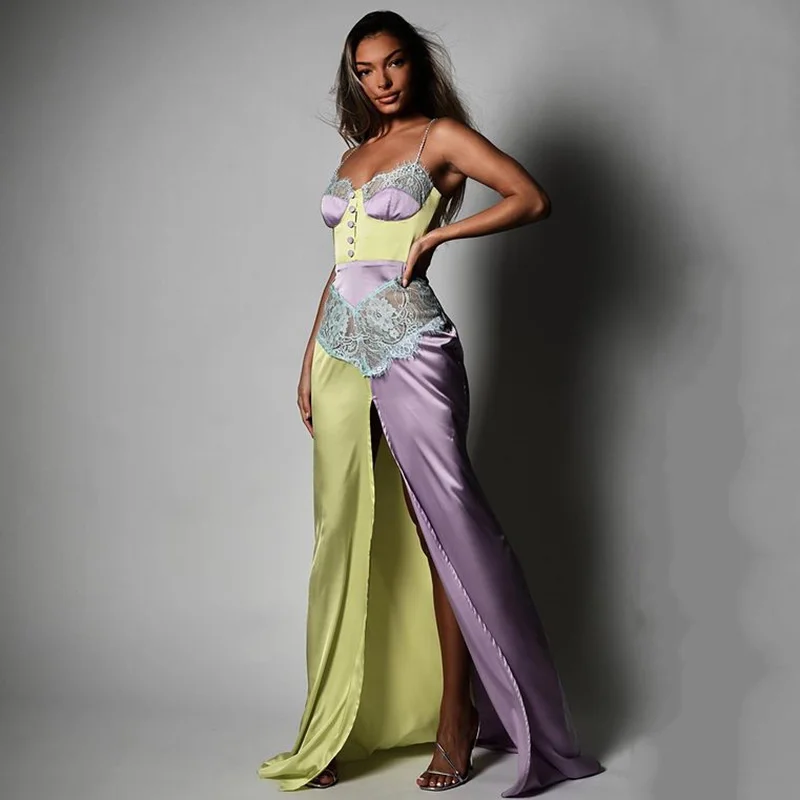 

Новинка 2021, кружевное сексуальное платье Amxi с разрезом, женские платья с открытой спиной на бретелях-спагетти для клуба и вечеринки, элегант...