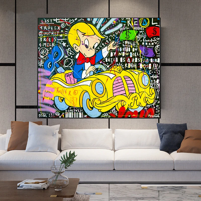 

Graffiti Cartoon Boy Drive Yellow Car Canvas Painting Street Wall Poster And Print On Wall Art Picture For Kids Room Home Decor