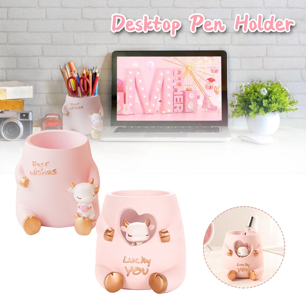 

Resin Pen Holder Pink Ox Chinese New Year Decoration Year of Ox Office Desk Organizer Gift for Kids