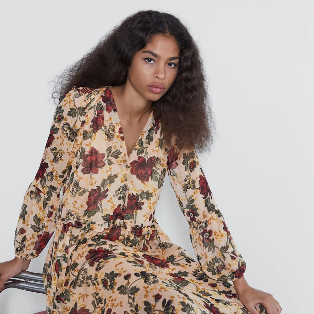 2019 ZA длинное платье с длинным рукавом и v образным вырезом для женщин стиль бохо А