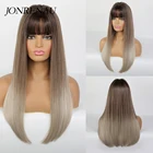 Jonrenau длинные прямые синтетические коричневые корни Омбре Платиновые парики с челкой косплей ежедневного использования парик для белых черных женщин