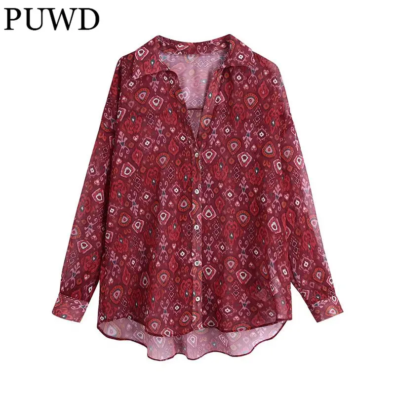 

PUWD Oversize Women Turn-down Collar Blouse 2021 Autumn Fashion Ladies Chinese Style Vintage Loose Shirt Female Print Shirt