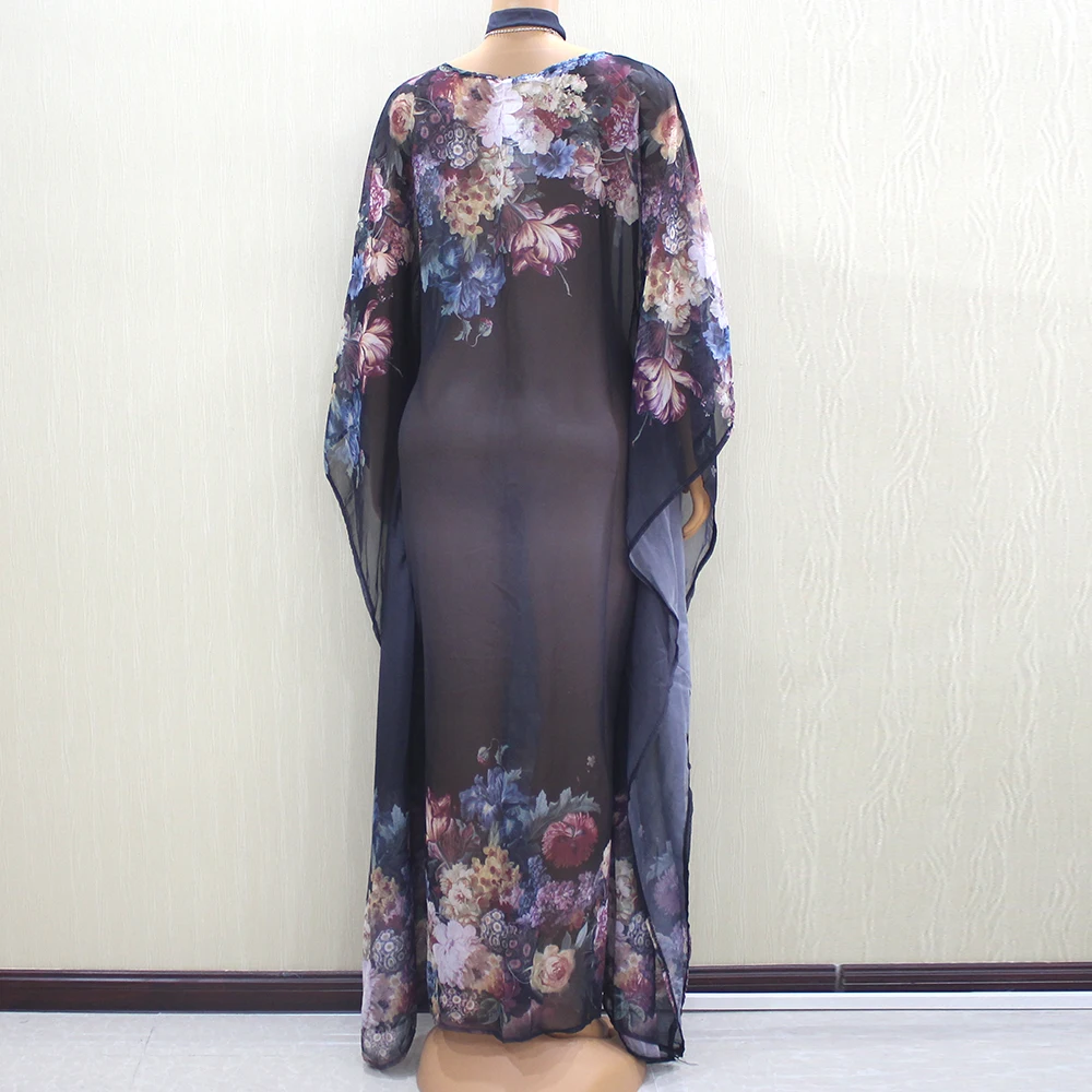 Elegant Chiffon Floral Print Autumn Sashes African Females Batwing Sleeve Sexy Party Dress for Women | Тематическая одежда и