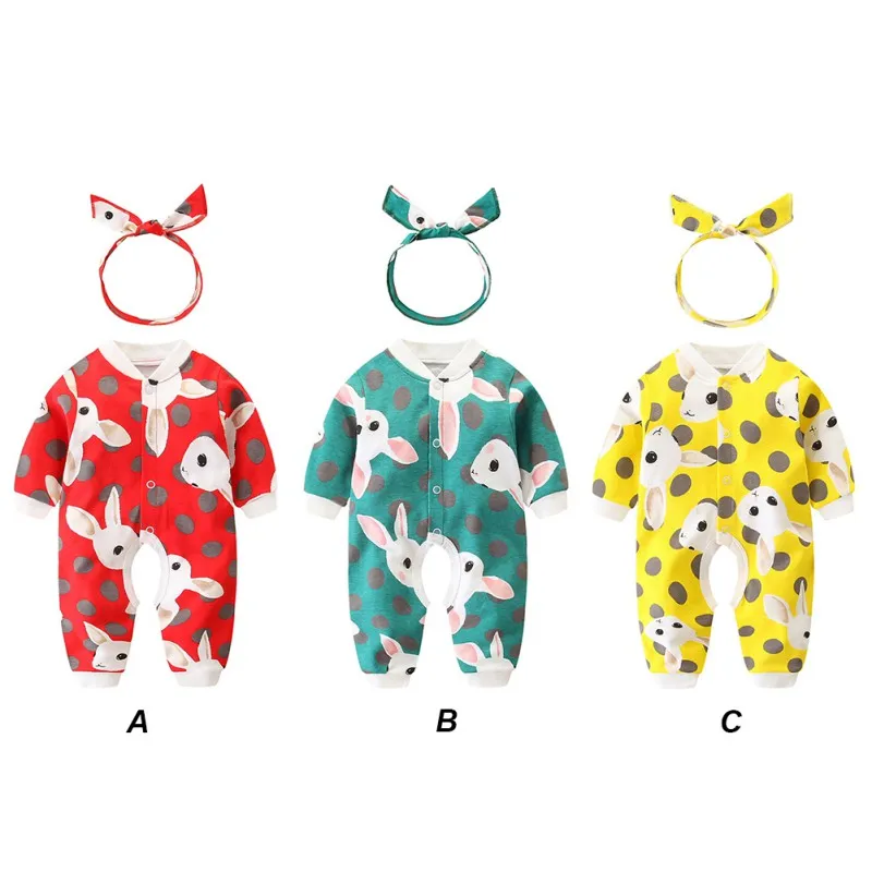 

0-24M Autumn Newborn Boys Girls Cartoon Rabbit Rompers With Headband Long Sleeve Bodysuit Set
