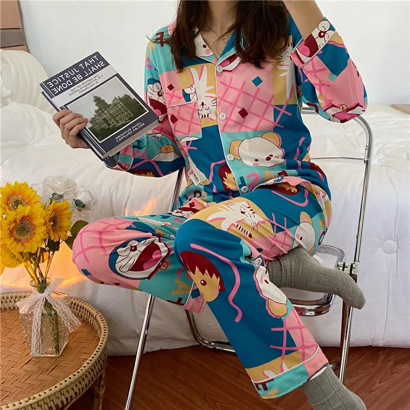 

Seesilm Spring Women Sleepwear Suits Casual Loose Doreamon Long Sleeve Pajamas For Women Night Wear Two Piece Suits Pijama Sets