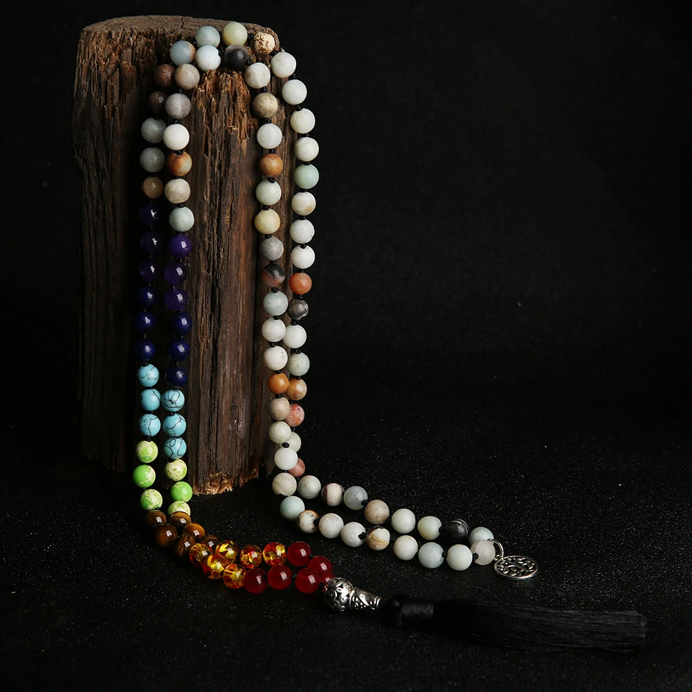 

OAIITE 8mm Frosted Amazonite 7 Chakra 108 Beads Mala Necklace with Black Tassel Handmade Knot Meditation Yoga Necklace