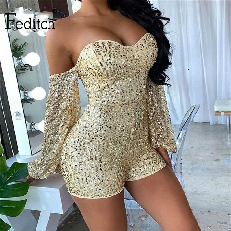 Feditch Off Shoulder Sequined Sexy Jumpsuit Women Club Wear Party Playsuit Gold Elegant Female Glitter Playsuit New Rompers
