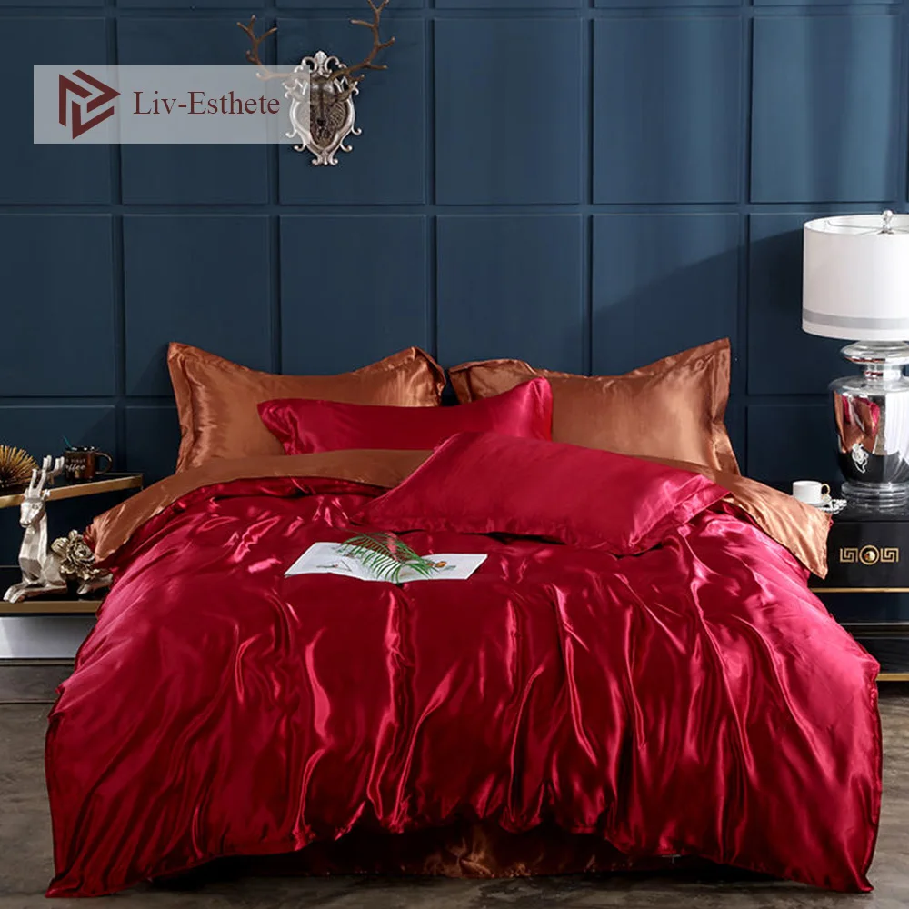 

Liv-Esthete Satin Bedding Set Wine Red Duvet Cover Silky Adult Coffee Flat Sheet Bedclothes Double Queen King Bed Linen Set