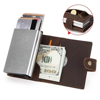genuine%c2%a0crazy horse leather card wallet men rfid credit card holder double aluminium box automatic pop up zipper coin purses