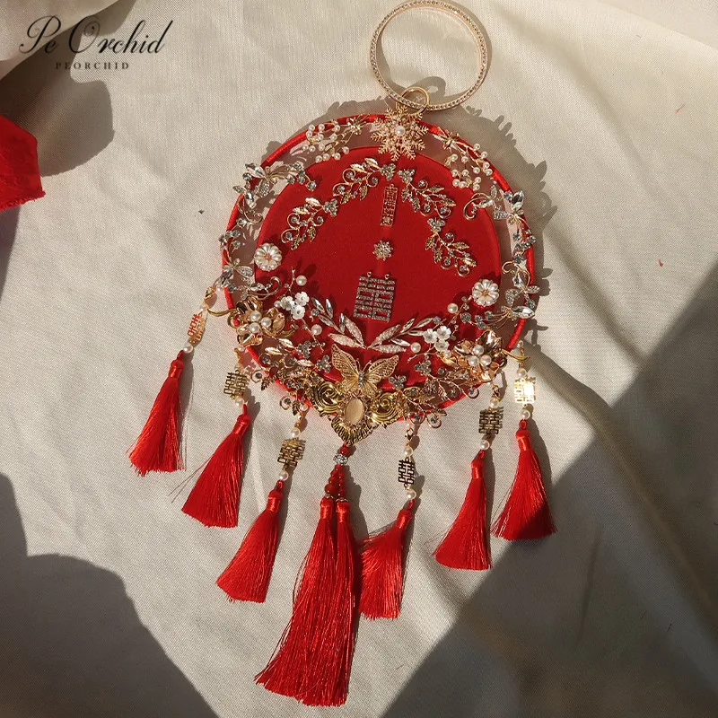 

Красный свадебный Ручной Веер PEORCHID, винтажный китайский стиль, традиционный металлический круглый веер с бисером и кисточками, свадебные аксессуары