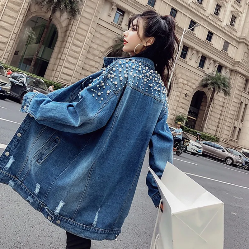 Женская джинсовая куртка YOCALOR свободная с отделкой бисером и дырками Осеннее