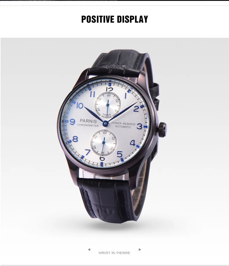 Parnis 43mm Silver Case Automatic Mechanical Men's Watch Power Reserve Black Leather Strap Men Watches heren horloge Luxury