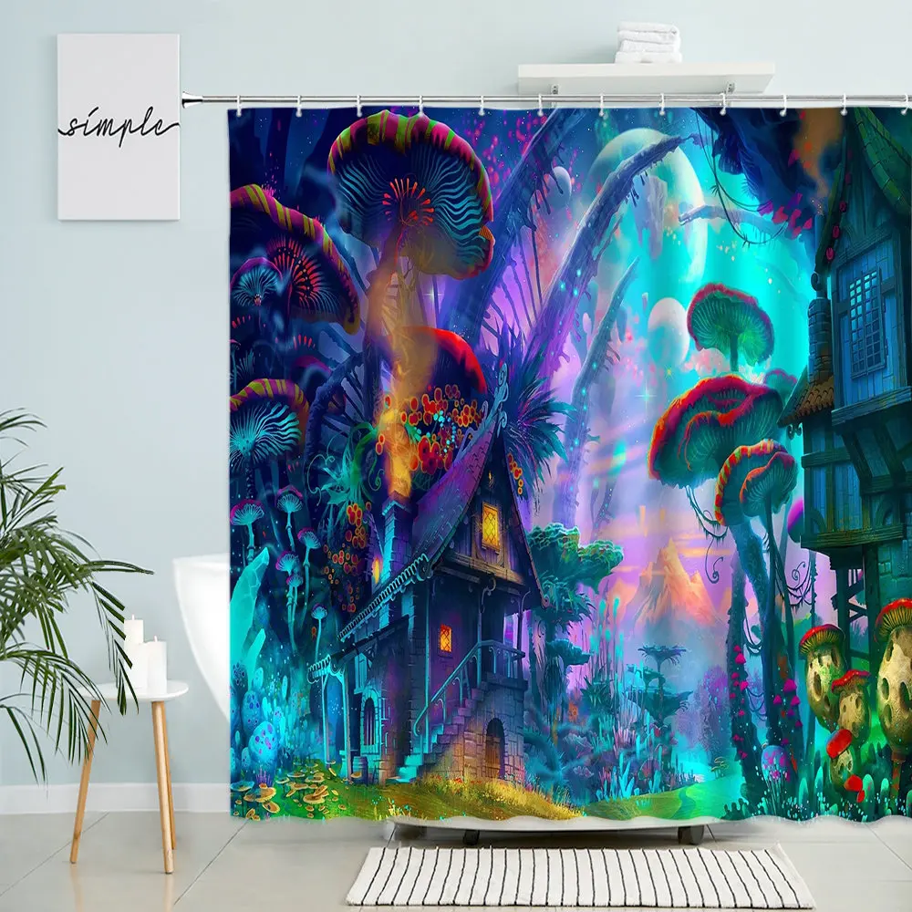 

Занавеска для душа с изображением сказочного леса и грибов