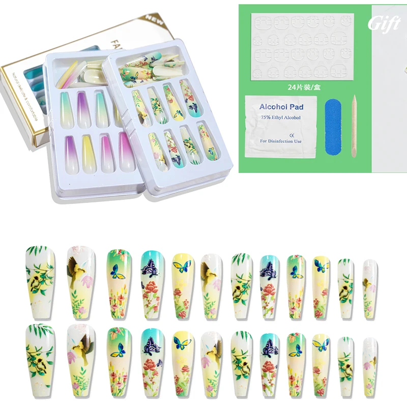 

24Pcs/Kits Detachable Wearable Fake Nails Full Cover French Nail Tips Long Xmas Nail Art Decoration Ballerina False With Tools G