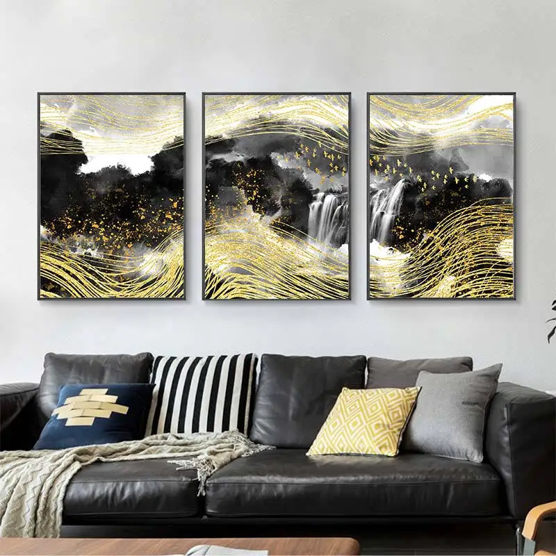 Золотая линия Черная гора водопад туманный лансккейд холст живопись Постер и