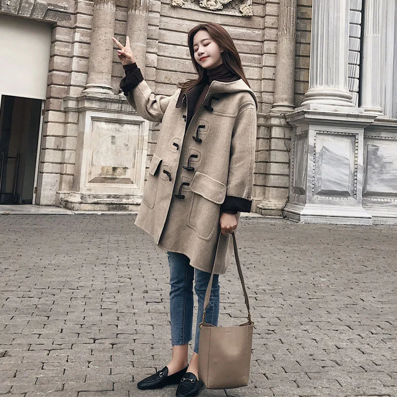 

Plaid Wool Coat Women's Autumn Winter New Korean Ox Horn Buckle Hooded Collar Loose Mid-length Temperament Thickened Woolen Coat