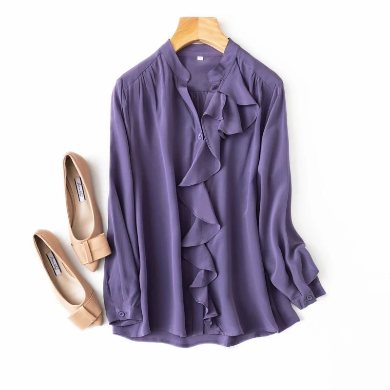 

Women's 100% Mulberry Silk Crepe Silk Purple Buttons down Ruffles Front long sleeve shirt Top Blouse office work M L XL MM131