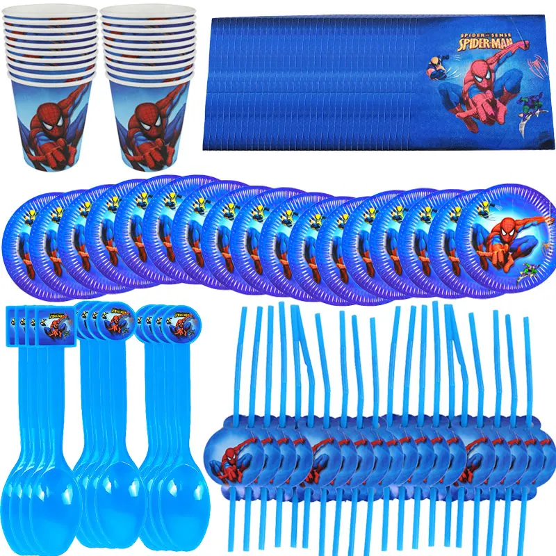 

100pcs Spiderman Theme Cartoon Disposable Tableware Paper Cup Plate Straw Spoon Sets For Kids Birthday Party Decoration Supplies