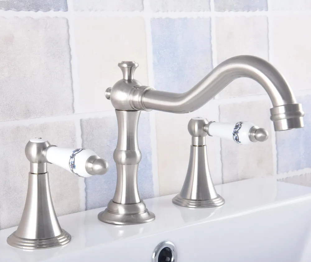 

Brushed Nickel Brass Deck Mounted Dual Handles Widespread Bathroom 3 Holes Basin Faucet Mixer Water Taps mnf684