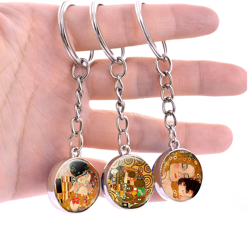 Gustav Klimt The Kiss Art Key Chain Love Pendant Double Side Glass Ball Keychain Keyring Symbolism Painting Gifts for Lover | Украшения и