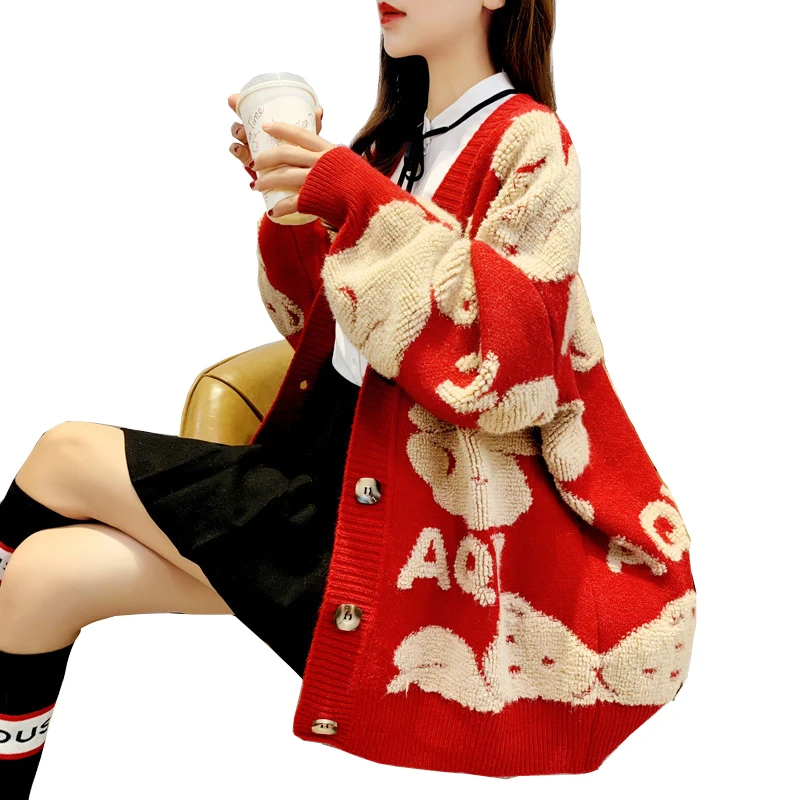 

Lady's Thick Cartoon Bear Knit Sweater Jacquard Embroidery Cardigan Oversized Autumn and Winter Outerwear,Single Row Big Button