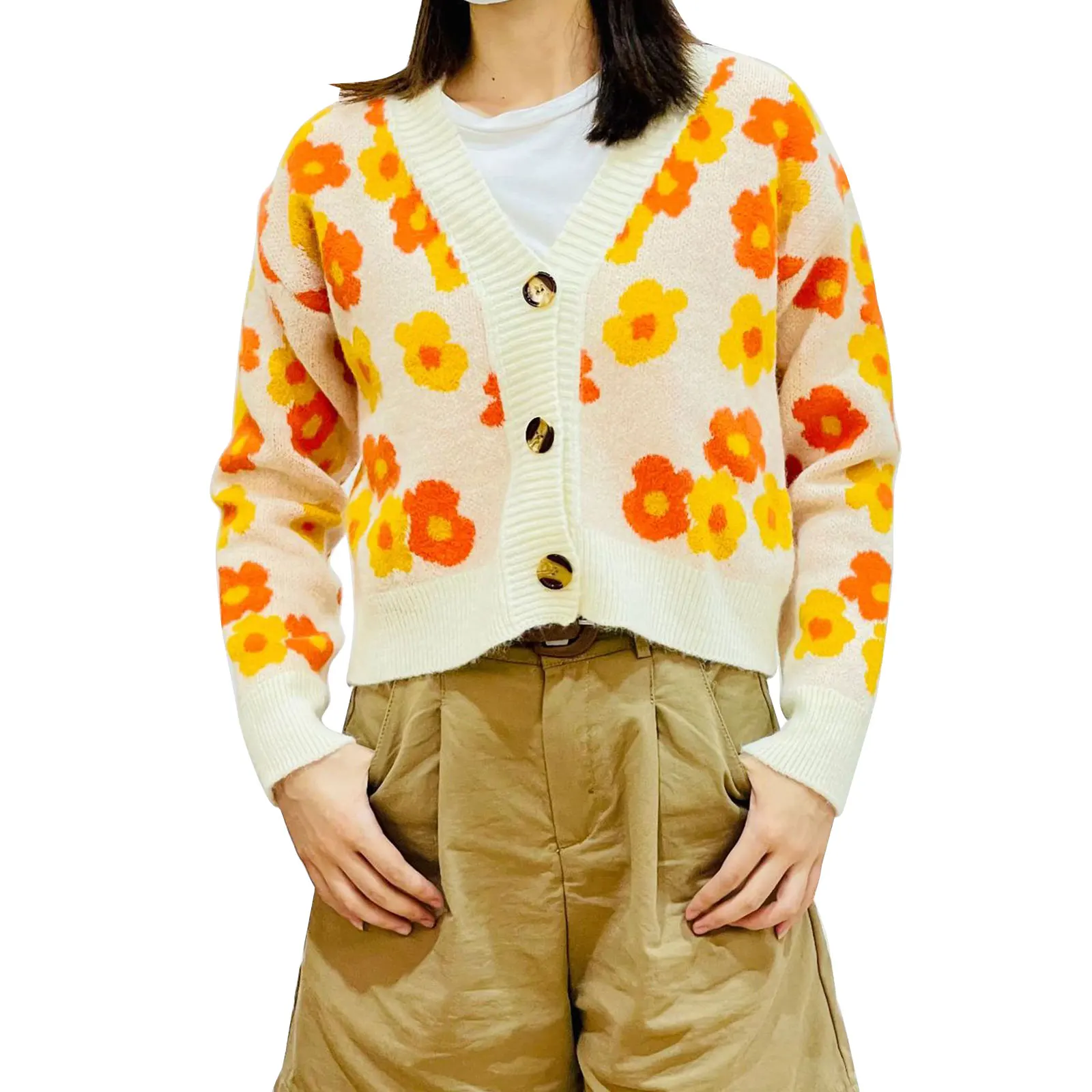 

Женский Укороченный кардиган, привлекательный вязаный свитер с длинным рукавом, пуговицами и цветочным принтом