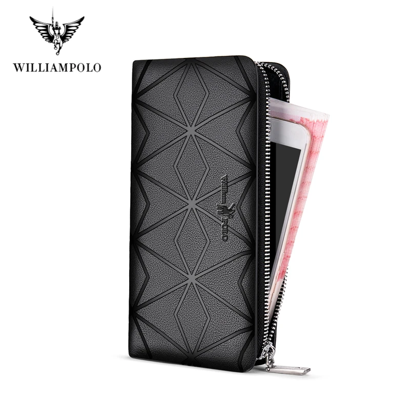 

WILLIAMPOLO Men's Wallet Genuine Leather Clutch Wallets Male Men Clutch Bag Zip Wallet Business Men Long Wallets Purse Money Bag