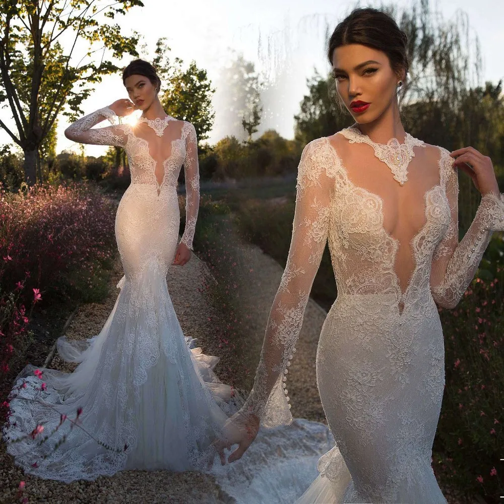 

New Arrival Lace Mermaid Romantic Long Sleeve Sheer Back Robe De Mariage Bridal Gown With Long Train mother of the bride dresses
