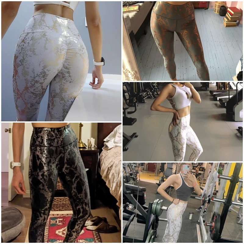 Эластичные блестящие бесшовные леггинсы со змеиным принтом женские сексуальные