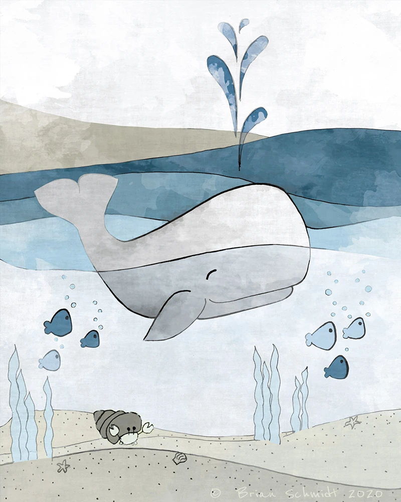 Декор для детской комнаты с морским рисунком Кита детское искусство голубая