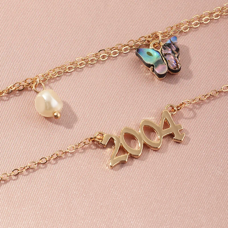 

Fashion multicolor pearl Butterfly Anklets Set For Women Cute Gold Letter 2004 Chain Foot Ankle Bracelet Summer Beach Jewelry