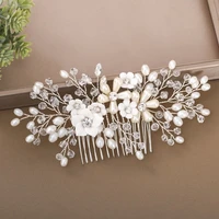 korea fashion silver color plant bridal headpiece flower crystal pearl wedding hair combs for pearl women bride headdress access