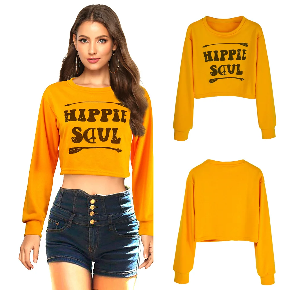 

Spring Autumn Fashion Sweatershirt High Street Casual Tight Slim Crop Tops Women Letter Print Full Sleeve Short Mujer