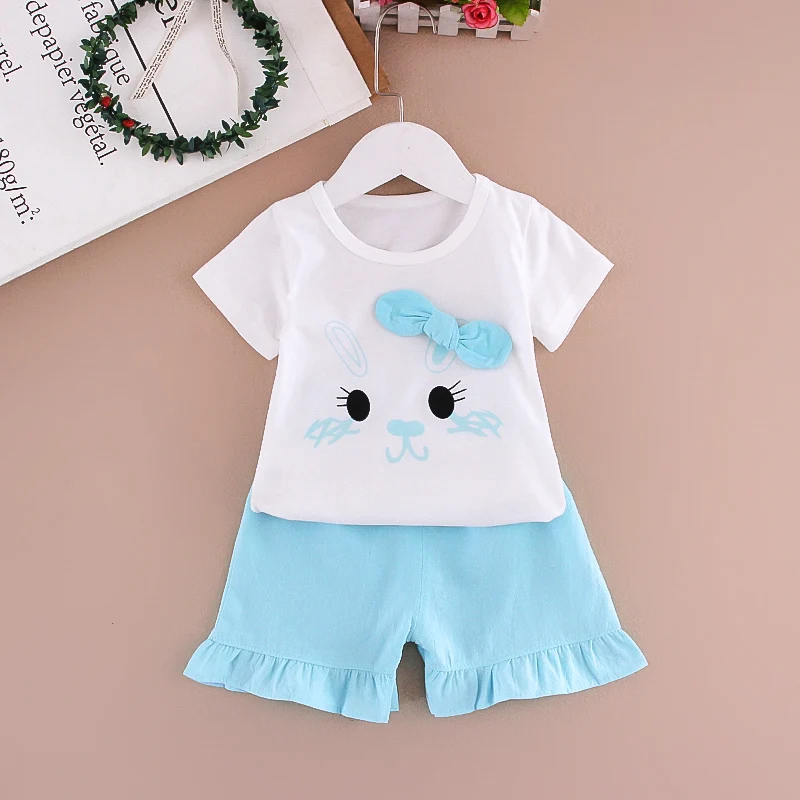 

Summer New Girls Print Round Neck Blue Two Pieces Suit 0-4T