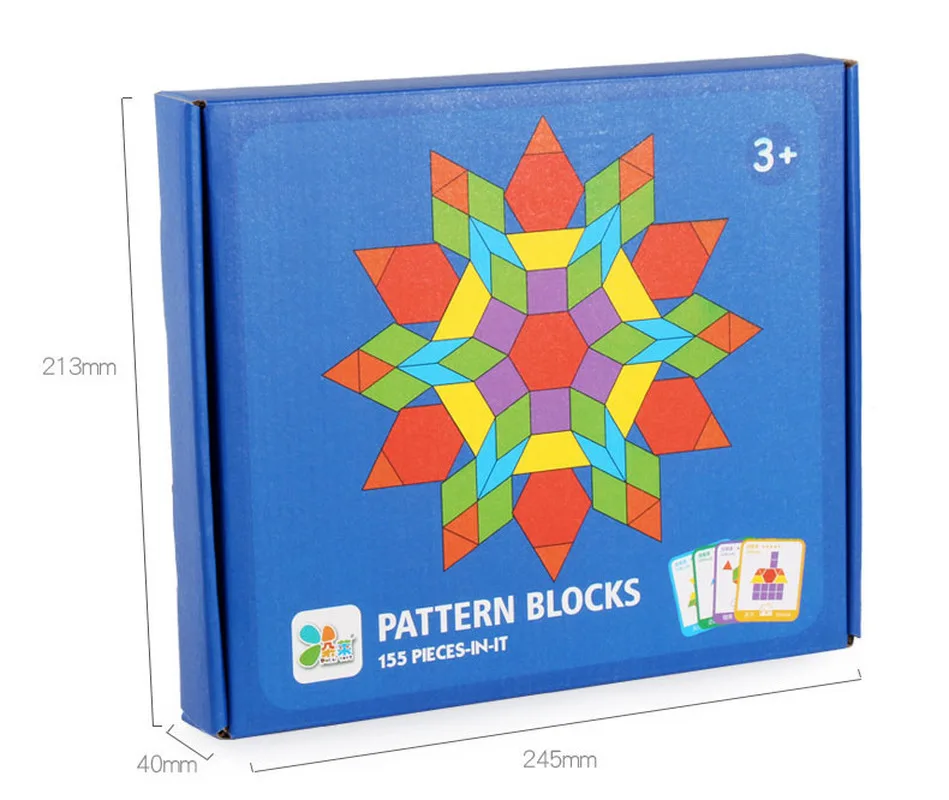 155Pcs Wooden Pattern Blocks Set Geometric Shape Puzzle Kindergarten Classic Educational Montessori Tangram Toys For Kids | Игрушки и