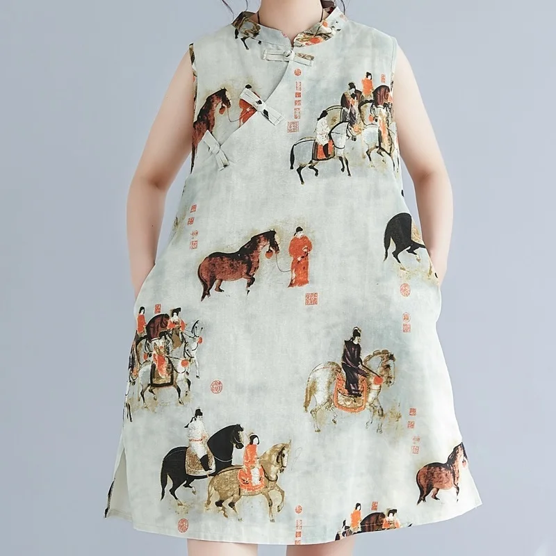 

2021 Cotton And Linen Women'S Short Sleeve Vestido Qipao Dress Chinese Style Floral Print Chinese Dress Cheongsam Qipao