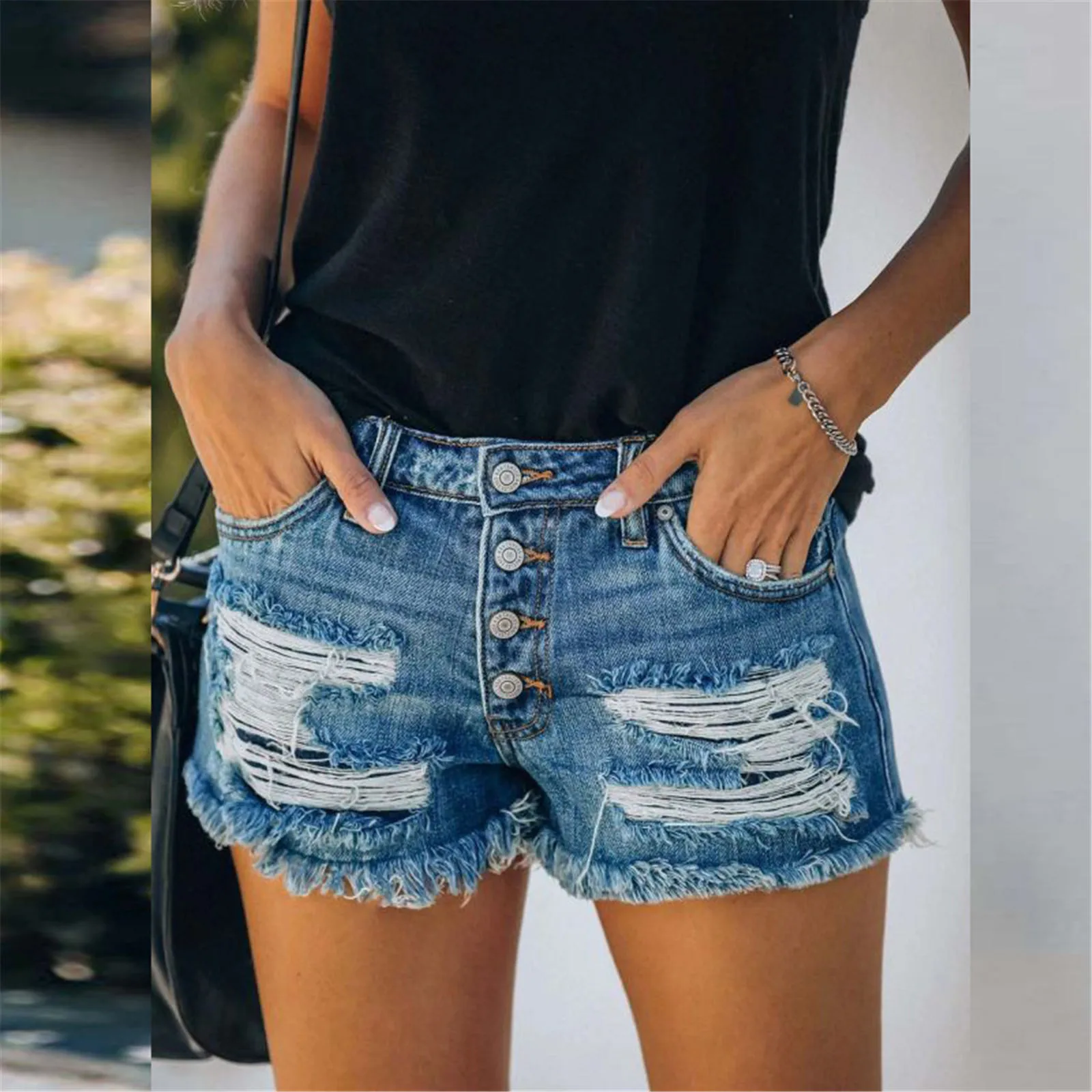 

JAYCOSIN Summer Vintage Womens Pocket Jeans Denim Cuff Ripped Frayed Hole Trendy Hole Curling Stretch High Waist Denim Shorts