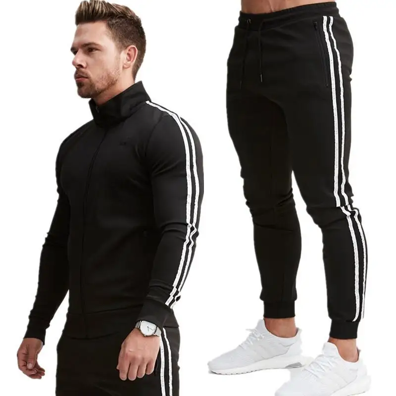 

2021 collar pure color stripe winter men leisure sport suit leisure sports jacket zipper jogging suits Customizable pattern