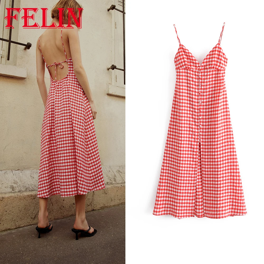 

FELIN Za Streetwear Plaid Backless Dress Women Sexy Front Split Vintage Maxi Cami Dresses Summer Fashion 2021 Mujer Vestidos