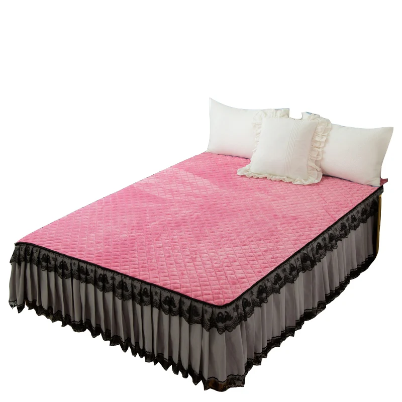 

Velvet Warm Bed Skirt Pillowcases 1/3pcs Solid color Bedding Princess Thick Bedspread Lace Bed Sheet Linen Twin/Queen/king