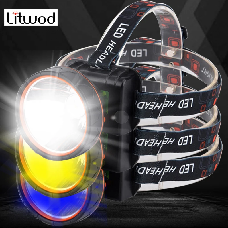 Налобный фонарь синяя и белая светодиодная ламсветильник с аккумулятором 3 цвета