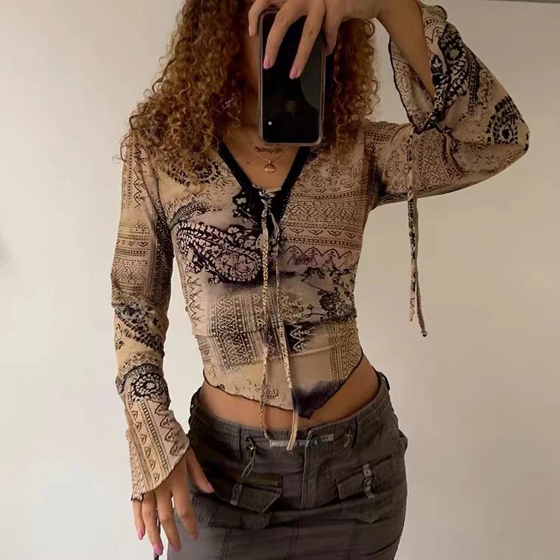 

Fashion Causal Y2K Women's T-Shirts Paisley Print V-neck Tie Front Crop Top Basic Female Women Clothing High Street Autumn Shirt